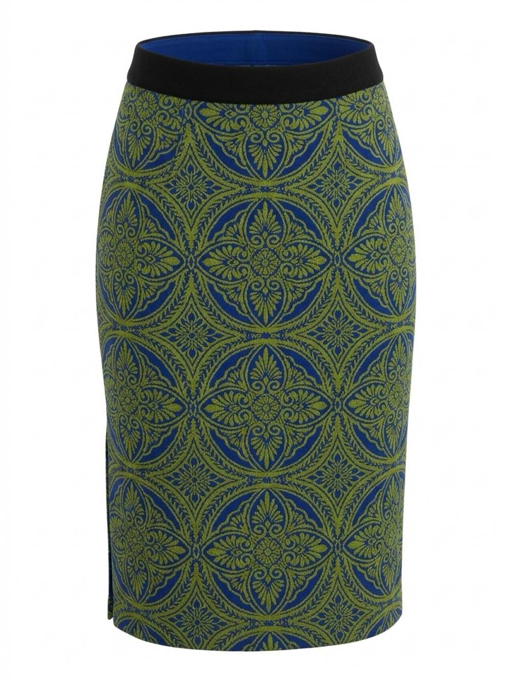 Maeve Blue and Green Jacquard Pencil Skirt with Black Waistband